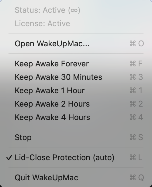 WakeUpMac menu bar interface